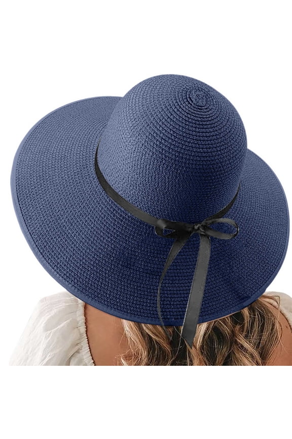 Beach Hats for Women Big Straw Wide Brim Summer Hat Floppy Foldable Roll up Cap Sun Hat Beach Hats for Women Navy