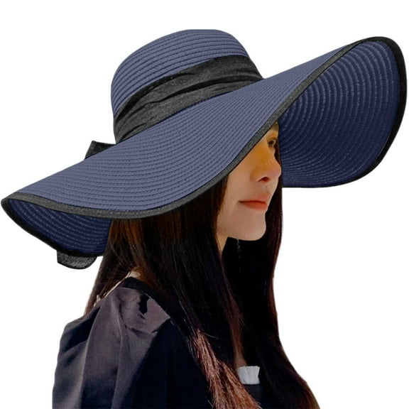 Riforla Beach Hats for Women Big Straw Wide Brim Summer Hat Floppy Foldable Roll up Cap Sun Hat Beach Hats for Women Navy