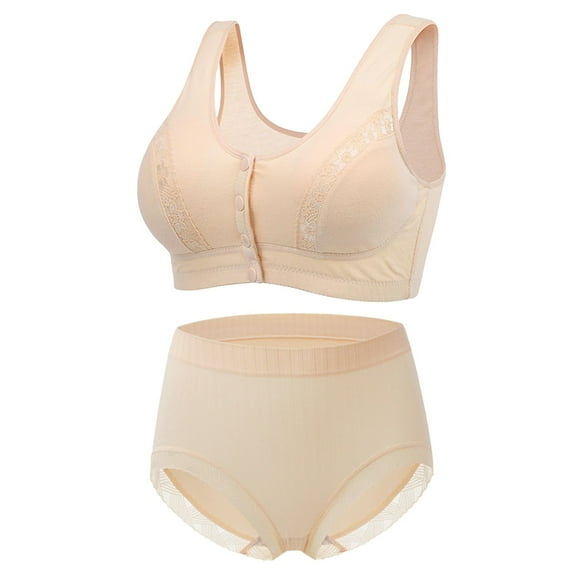 Riforla Bra and Panty Sets for Women Front Button Shaping Cup Shoulder Strap No Underwire Bra Plus Size Sexy Underwear Set Bras for Women Beige 36