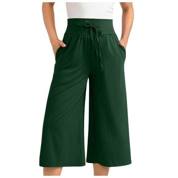 Riforla Capri Pants for Women Casual Summer Wide Leg Pants Stretch Palazzo Pants with Pockets Capris Womens Summer Pants Green XXL