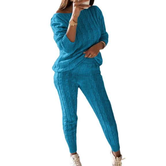 Riforla Casual Cable Knit Sweater Sets for Women Elegant and Warm for Autumn and Winter Matching Sets Women Clothing Blue S