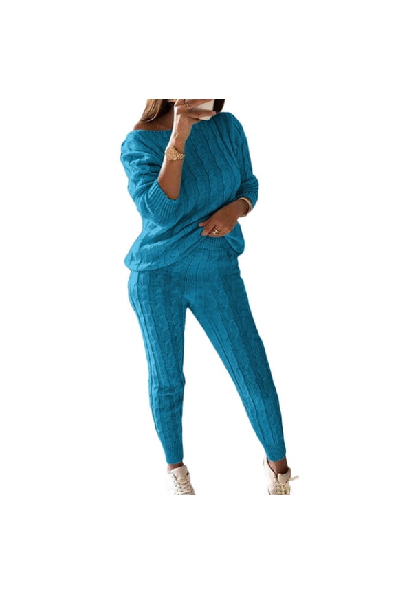 Riforla Casual Cable Knit Sweater Sets for Women Elegant and Warm for Autumn and Winter Matching Sets Women Clothing Blue XXL