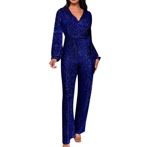 Riforla Casual Jumpsuit Long Sleeve Belted Sequin Jumpsuit Jumpsuits for Women Blue S