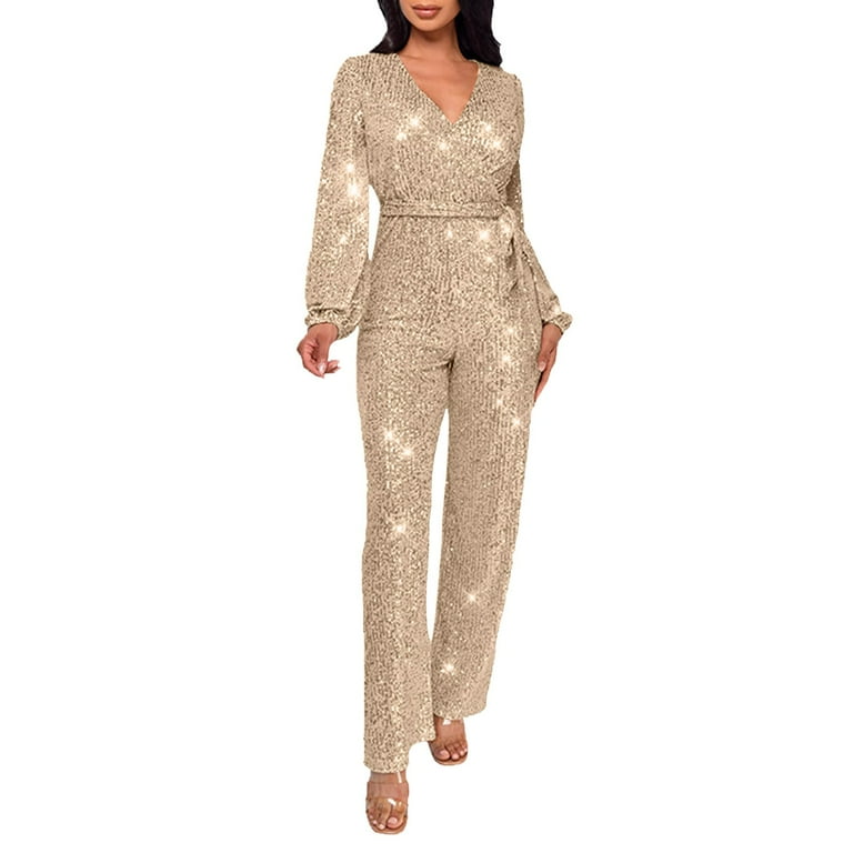 Riforla Casual Jumpsuit Long Sleeve Belted Sequin Jumpsuit