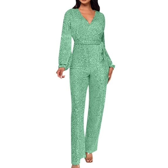 Riforla Casual Jumpsuit Long Sleeve Belted Sequin Jumpsuit Jumpsuits for Women Green M