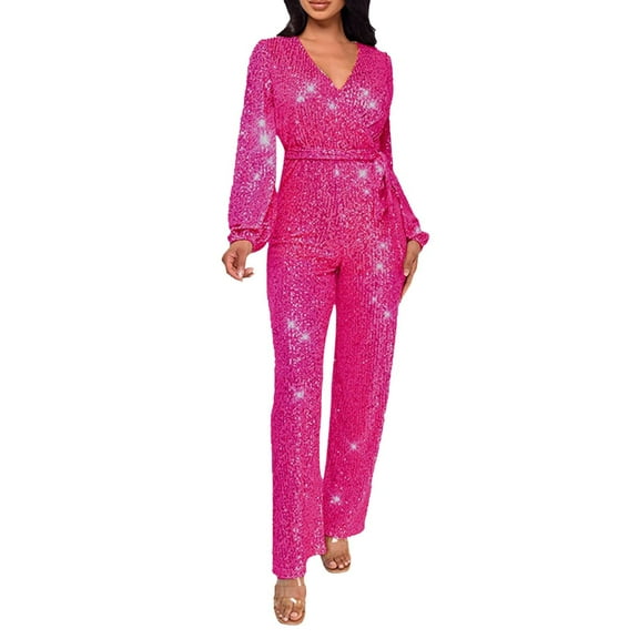 Riforla Casual Jumpsuit Long Sleeve Belted Sequin Jumpsuit Jumpsuits for Women Hot Pink XXL