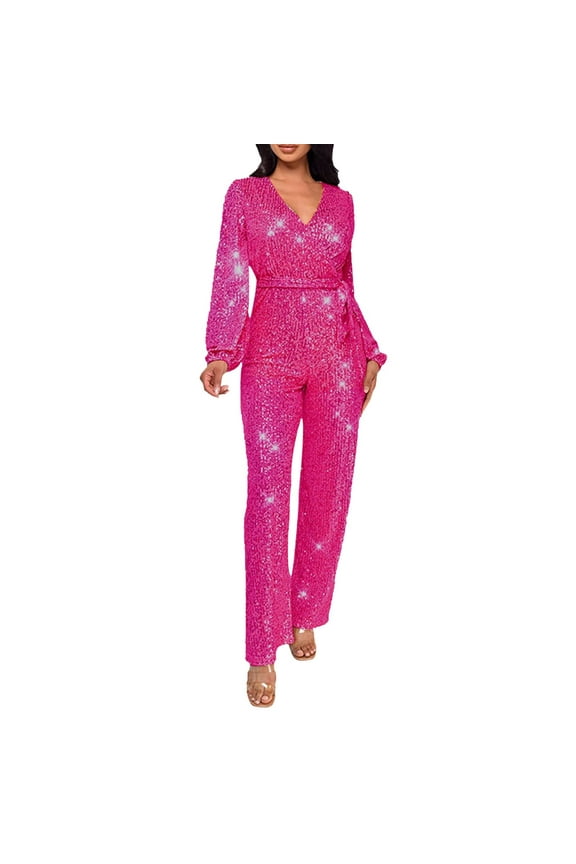 Casual Jumpsuit Long Sleeve Belted Sequin Jumpsuit Jumpsuits for Women Hot Pink XXL