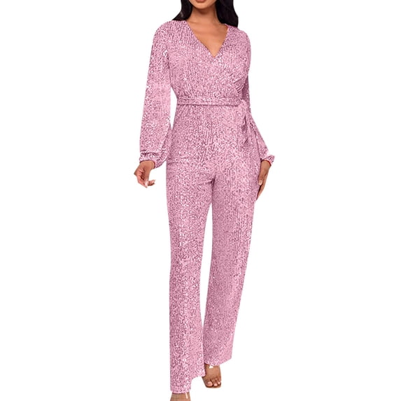Riforla Casual Jumpsuit Long Sleeve Belted Sequin Jumpsuit Jumpsuits for Women Pink L