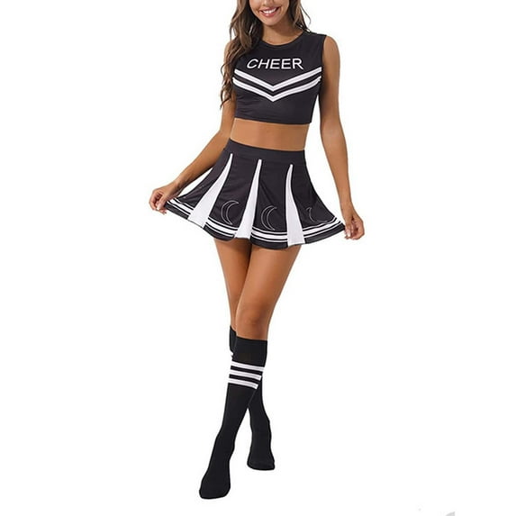 Riforla Cheerleading Student Sports Day Cheerleading Competition Dress Top Skirt Set Black L