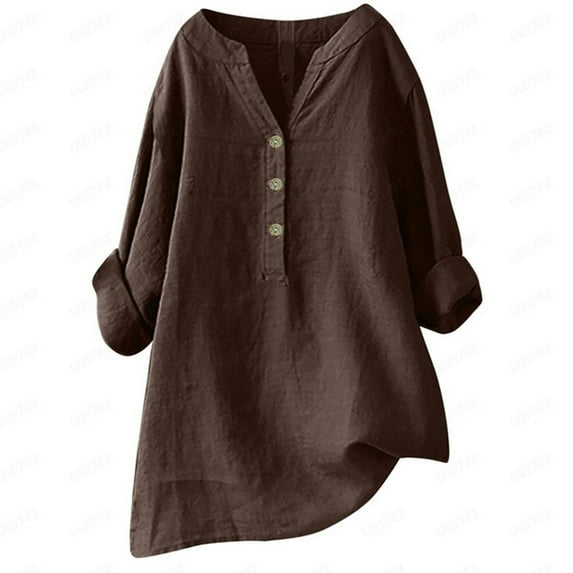 Fgnfyis Womens Tops Loose Button Down Blouse Tops Stand Solid Sleeve Long Casual Shirt T Shirts for Women Coffee XXXL