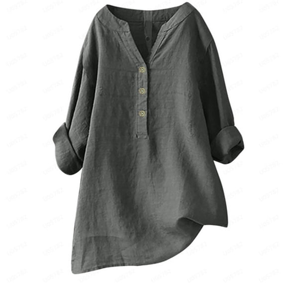 Fgnfyis Womens Tops Loose Button Down Blouse Tops Stand Solid Sleeve Long Casual Shirt T Shirts for Women Dark Gray#2 XXL