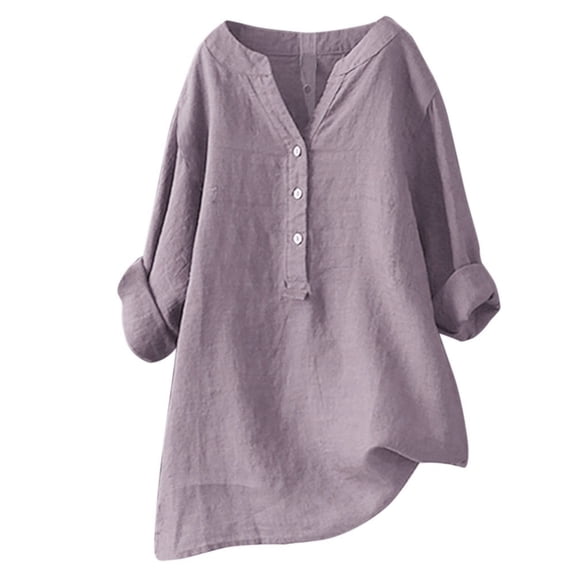 Ediodpoh Women's Printed Patchwork Buttons V Neck Cotton Blouse Shirt Womens Tops Casual Purple#3 S