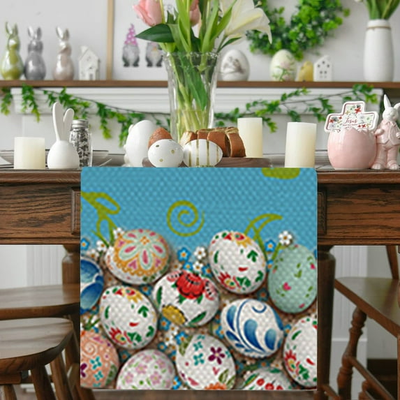 Riforla Easter Table Runner Festive Bunny Egg Small Print Vintage Easter Decoration Linen Tablecloth Easter Home Decor D_002