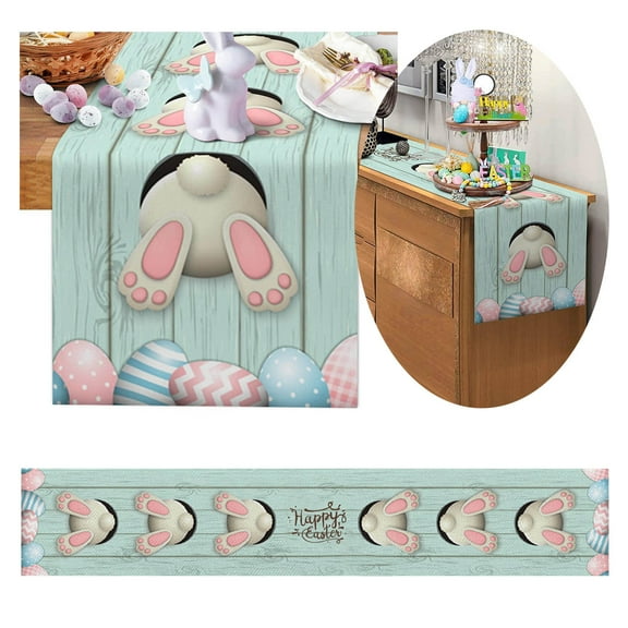 Riforla Easter Table Runner Festive Bunny Egg Small Print Vintage Easter Decoration Linen Tablecloth Easter Home Decor Light blue_001
