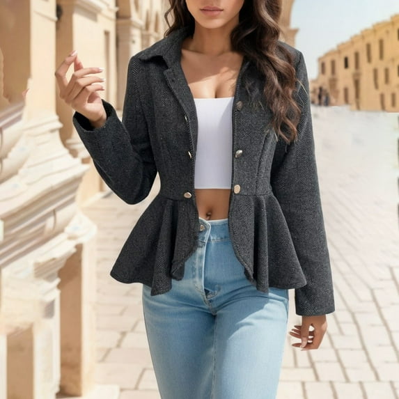 Ediodpoh Elegant Floral Jacquard Peplum Office Suit Jacket with Double Closure Blazers for Women Black S