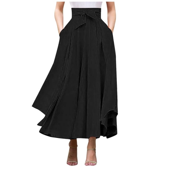 Riforla Elegant High Waist Skirt for Women Casual Bohemian Maxi Skirt with Pockets Asymmetrical Hem Skirts for Women Trendy Black S