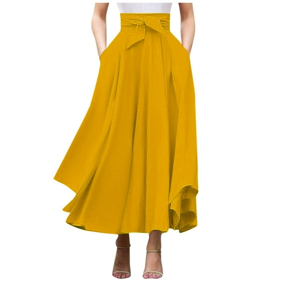 Riforla Elegant High Waist Skirt for Women Casual Bohemian Maxi Skirt with Pockets Asymmetrical Hem Skirts for Women Trendy Gold L