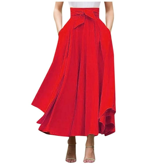 Riforla Elegant High Waist Skirt for Women Casual Bohemian Maxi Skirt with Pockets Asymmetrical Hem Skirts for Women Trendy Red S