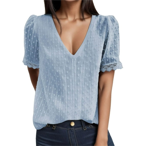 Riforla Elegant Women Casual Plain Short Sleeve V Neck Lace T-Shirt Blouse Tops Jacquard T-Shirt Top Summer Tops for Women Light blue_001 XL