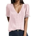 thumbnail image 1 of Riforla Elegant Women Casual Plain Short Sleeve V Neck Lace T-Shirt Blouse Tops Jacquard T-Shirt Top Summer Tops for Women Pink_001 XXL, 1 of 4