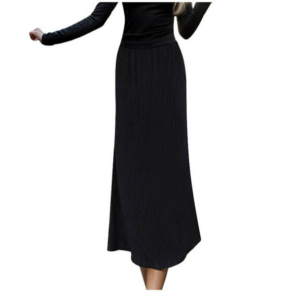 Riforla Elegant Women's High Waist Midi Skirt Vintage French Pleated A Line Flared Fashion Skirt Women's Skirts Black M