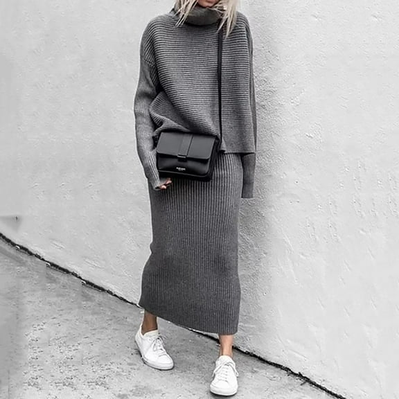 Riforla Fashion Winter 2 Piece Ribbed Knitted Wool Sweater Turtleneck Women Set Female Elegant Women Casual Dresses Matching Sets Women Clothing Grey M