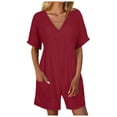 thumbnail image 1 of Riforla Fashion Women's Solid V Neck Pocket Zippered Short Sleeve Jumpsuit Casual Jumpsuits for Women Summer Watermelon Red XL, 1 of 5