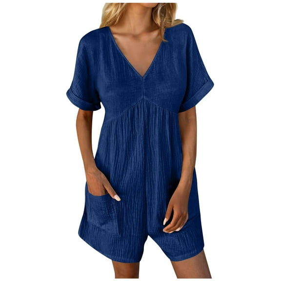 Riforla Fashion Women's Solid V Neck Pocket Zippered Short Sleeve Jumpsuit Womens Jumpsuit Blue L