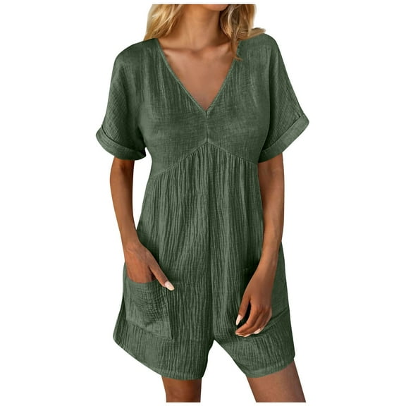 Riforla Fashion Women's Solid V Neck Pocket Zippered Short Sleeve Jumpsuit Womens Jumpsuit Green XL