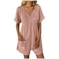 thumbnail image 1 of Riforla Fashion Women's Solid V Neck Pocket Zippered Short Sleeve Jumpsuit Womens Jumpsuit Pink L, 1 of 7