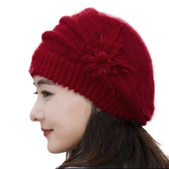 Riforla Fashion Womens Flower Knit Crochet Beanie Hat Winter Warm Cap Beret Berets Hat for Women Red