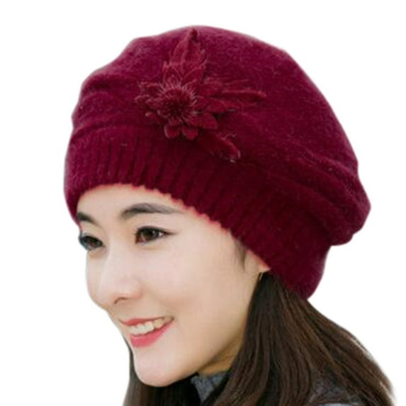 Riforla Fashion Womens Flower Knit Crochet Beanie Hat Winter Warm Cap Beret Berets Hat for Women Wine