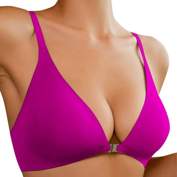 Riforla Front Closure Bras for Women No Underwire Low Cut Deep V Padded Bralette Seamless Comfy Bras with Support Bras for Women Dark Purple M