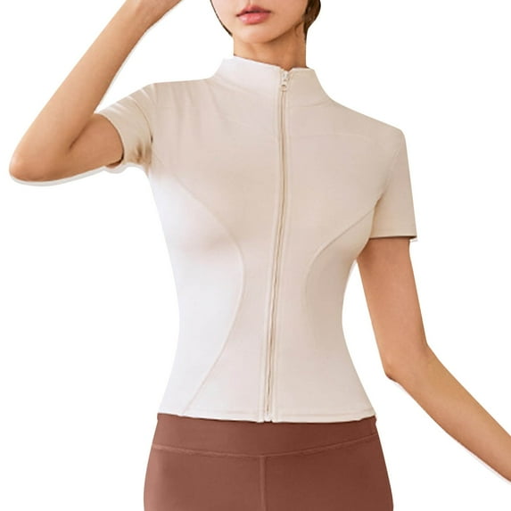 Riforla High Elastic Yoga Short Sleeved Jacket Stand Collar Tight Sports Coat Short Sleeved Cardigan for Women Athletic Shirts Pack Women New Day Womens Shirt White L