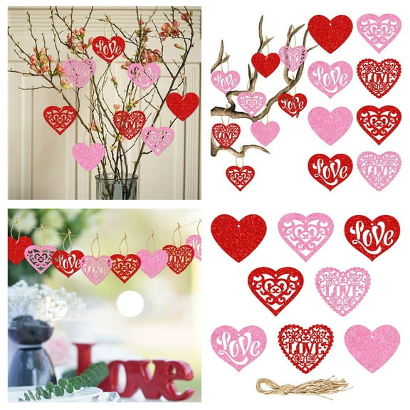 Riforla Hollow Heart Ornament Wood Heart Pediments Hanging Decor for Wedding Anniversary Valentine's Day for Party Hot Pink