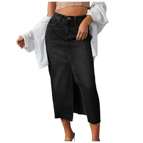 Ediodpoh Denim Skirt Long Women's Slit Denim Skirt High Waist Washed Style A Line Midi Skirt Skirts for Women Black M
