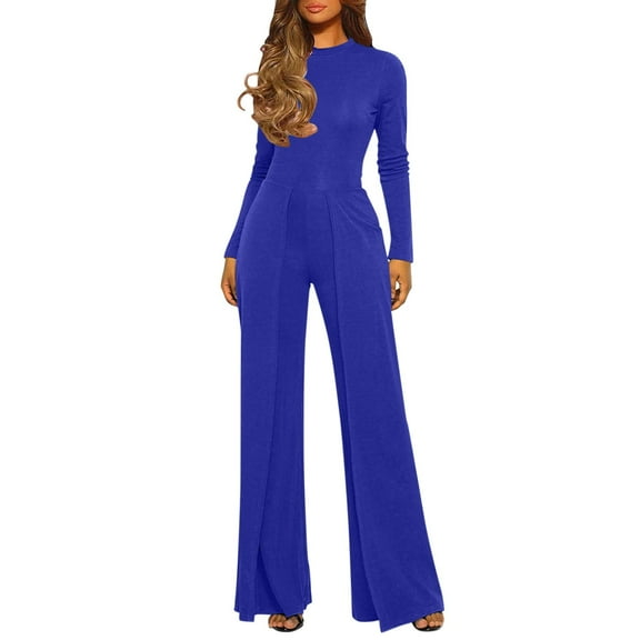 Riforla Jumpsuits for Women Casual Jumpsuits Loose Fit Belted Dressy Long Sleeve Crewneck Autumn Jumpsuit Long Wide Legs Formal Rompers Jumpsuits for Women Blue XXL