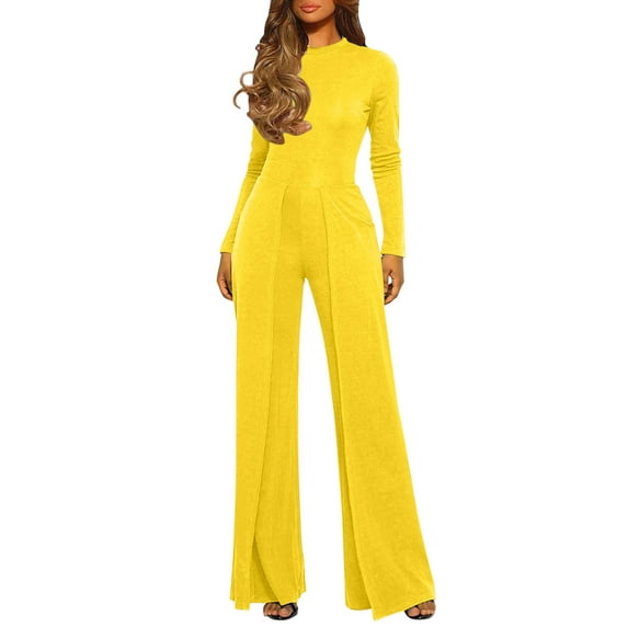 Riforla Jumpsuits for Women Casual Jumpsuits Loose Fit Belted Dressy Long Sleeve Crewneck Autumn Jumpsuit Long Wide Legs Formal Rompers Jumpsuits for Women Yellow M