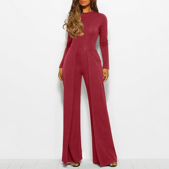 Riforla Jumpsuits for Women Casual Jumpsuits Loose Fit Belted Dressy Long Sleeve Crewneck Autumn Jumpsuit Long Wide Legs Formal Rompers Women's Jumpsuit Red M