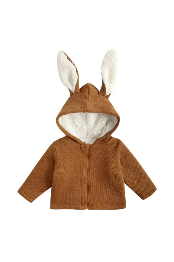 Riforla Kids Children Toddler Baby Boys Girls Long Sleeve Solid Ribbed Cute Rabbit Ear Hooded Jacket Thick Coat Outer Outwear Outfits Clothes Brown 6Y
