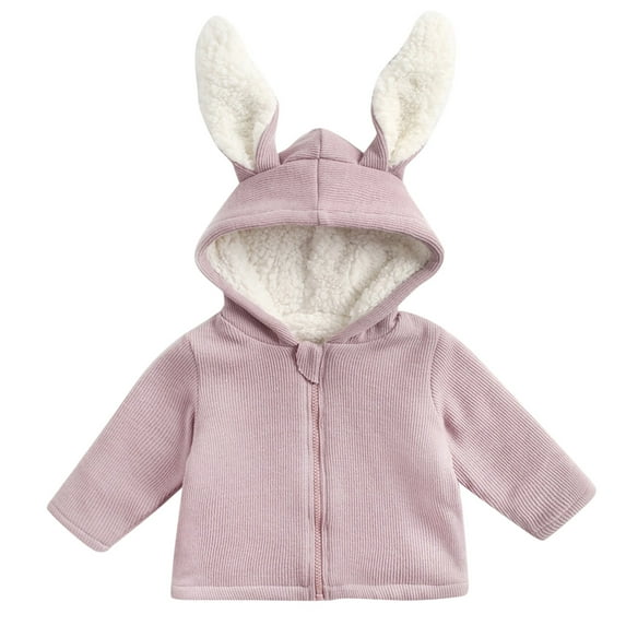 Riforla Kids Children Toddler Baby Boys Girls Long Sleeve Solid Ribbed Cute Rabbit Ear Hooded Jacket Thick Coat Outer Outwear Outfits Clothes Pink 3Y