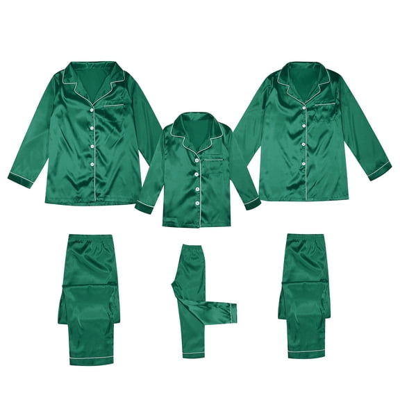 Riforla Kids Satin Silk Button Down Pajamas PJ's Sets Solid Two Piece Family Matching Sleepwear Loungewear Long Sleeve Silk Nightwear for Kids Green 3-4 Years