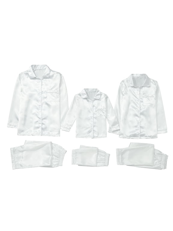 Kids Satin Silk Button Down Pajamas PJ's Sets Solid Two Piece Family Matching Sleepwear Loungewear Long Sleeve Silk Nightwear for Kids White 3-4 Years