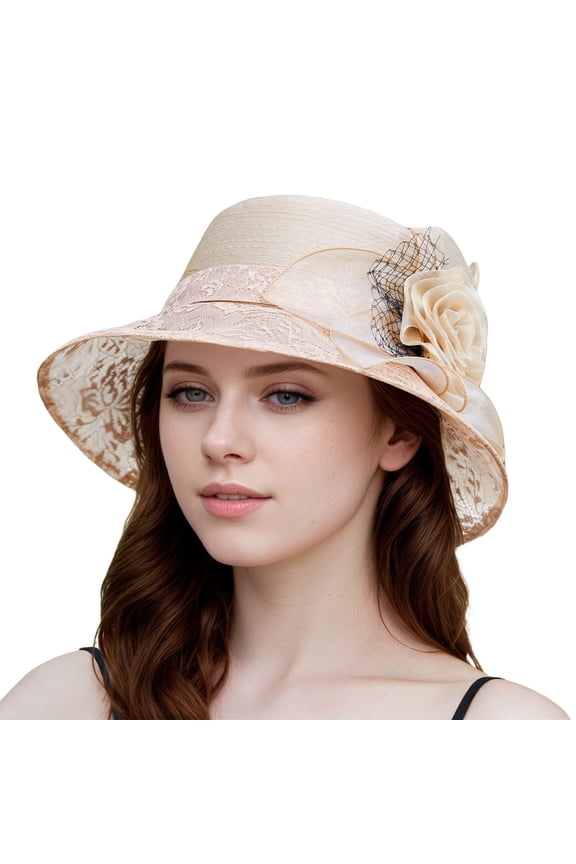 Ladies Hat Bridal Wedding Tea Party Outdoor Elegant Temperament Sun Hat Elegant Flower French Bowler Hat Sun Shade Lace Basin Hat Womens Hats Khaki M