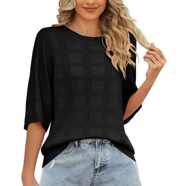 Riforla Ladies Round Neck Pullover Casual Summer Hollow T Shirts Puff Short Sleeve Tops Blouses Sunscreen Knitted Top Solid Color Shirts Womens Shirt for Women Fashion Black M