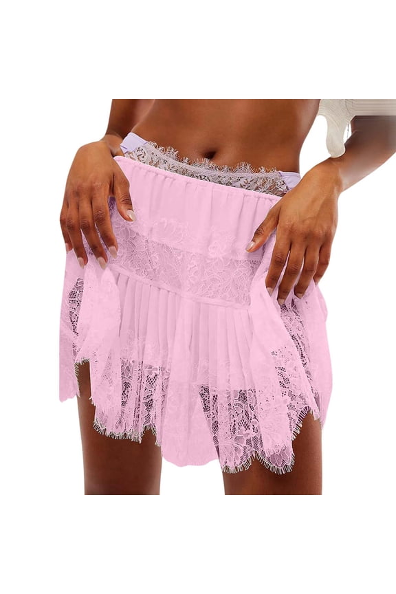 Riforla Womens Skirts Ladies Solid Color Ballet Style High Waisted Half Skirt with Irregular Hem and Lace Trim Pink XL