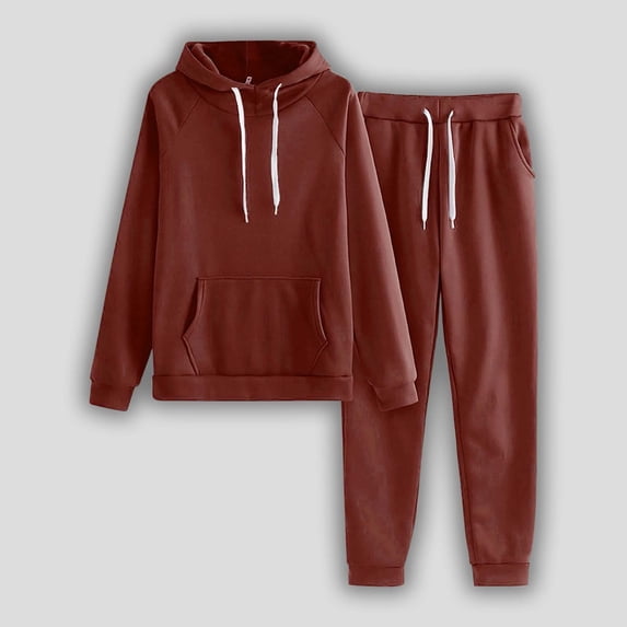 Riforla Ladies Solid Color Hooded Long Sleeve Sweatshirt with Pocket and Set Trousers Sets XL