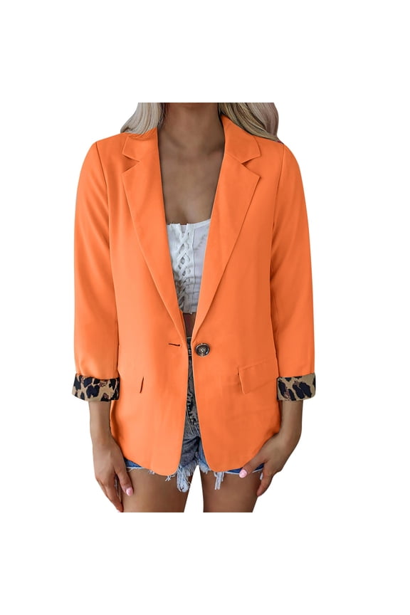 Ladies' Solid Color Slim Fit One Button Middle Sleeve Leisure Suit Jacket Blazers for Women Orange XL