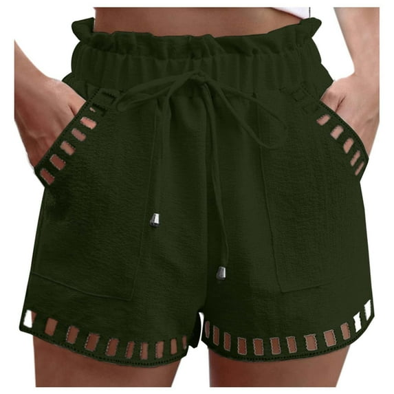Riforla Ladies' Solid Color Thin Hollow Out Design Pocket Tight Waist Shorts for Women Green L