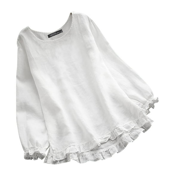 Riforla Ladies Summer Solid Loose Ruffle Bottom Crew Neck Long Sleeve Shirt Blouses for Women White S